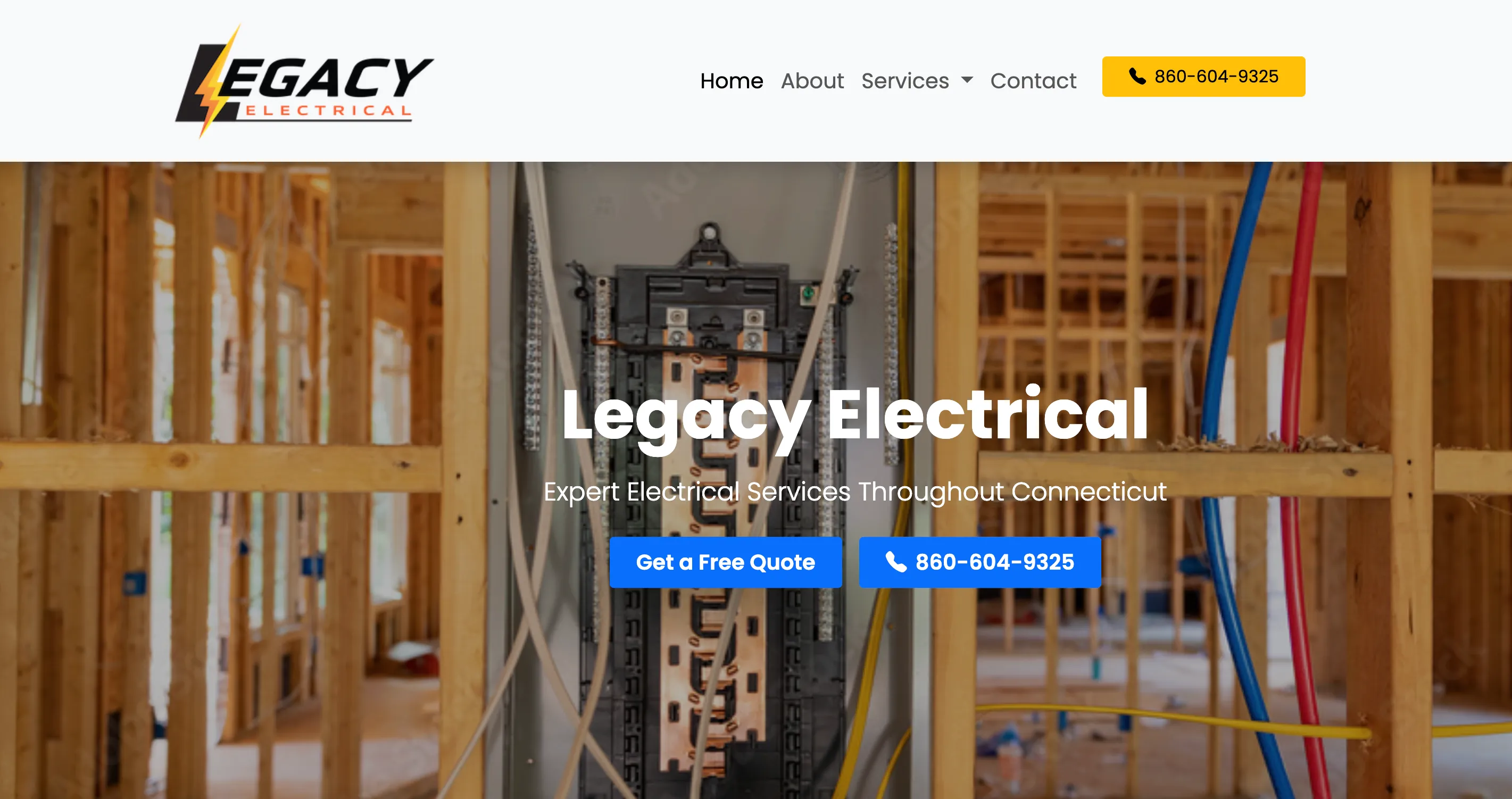 Screenshot of Legacy Electrical CT website homepage showing professional electrical contractor services