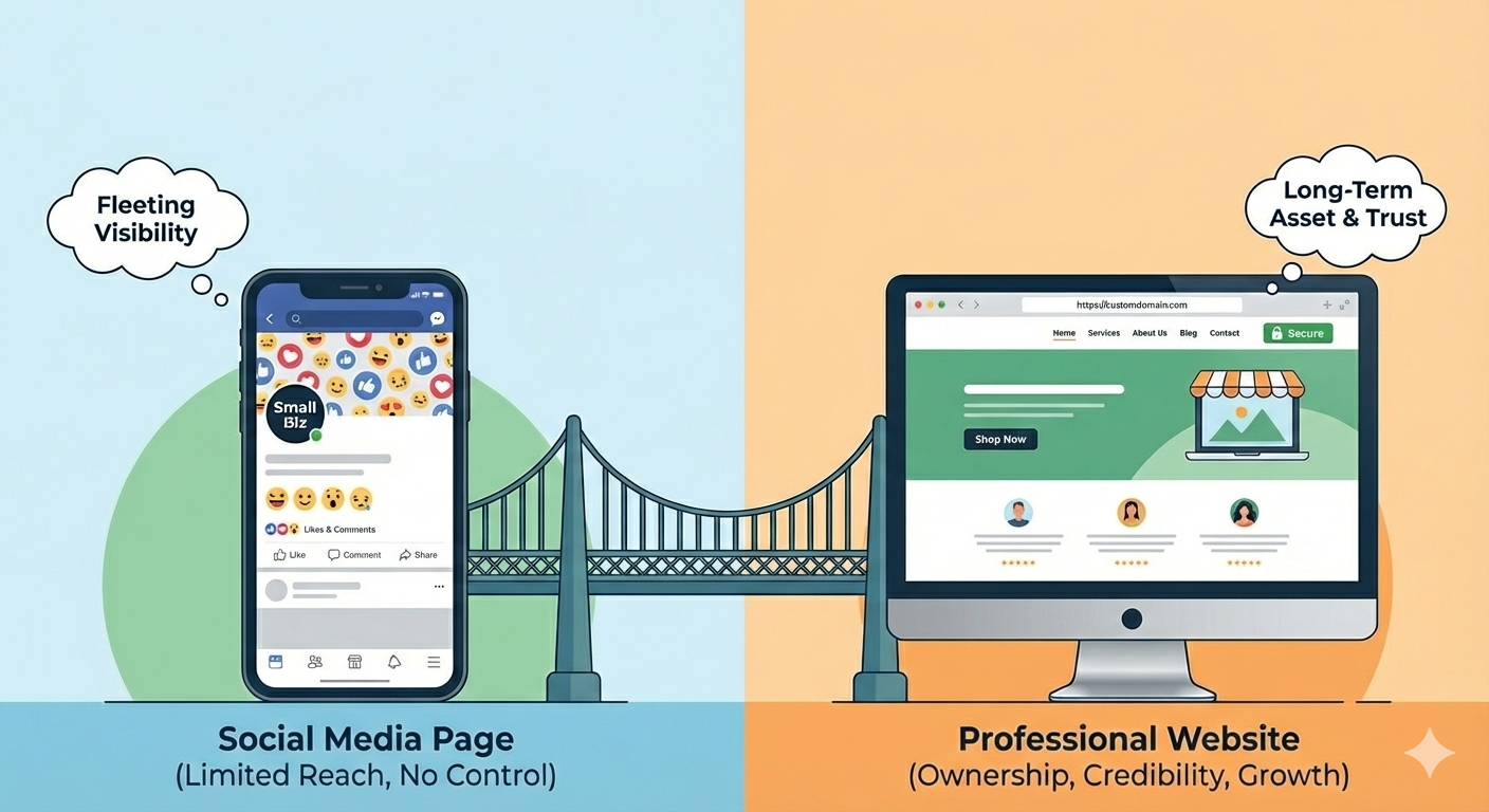 Featured image for Why Your Small Business Needs More Than Just a Social Media Page: The Critical Case for a Professional Website - Randy Tarasevich's article on web development and digital marketing